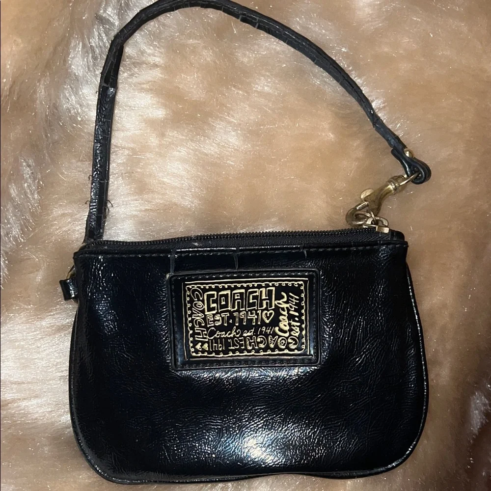 Coach Poppy Black Patent Leather Wristlet with Gold Accents